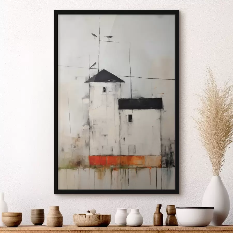 Fototapete Weiße Häuser mit schwarzen Dächern malen mit der Textur von Kratzern und Abrieb von Schmutz f40685