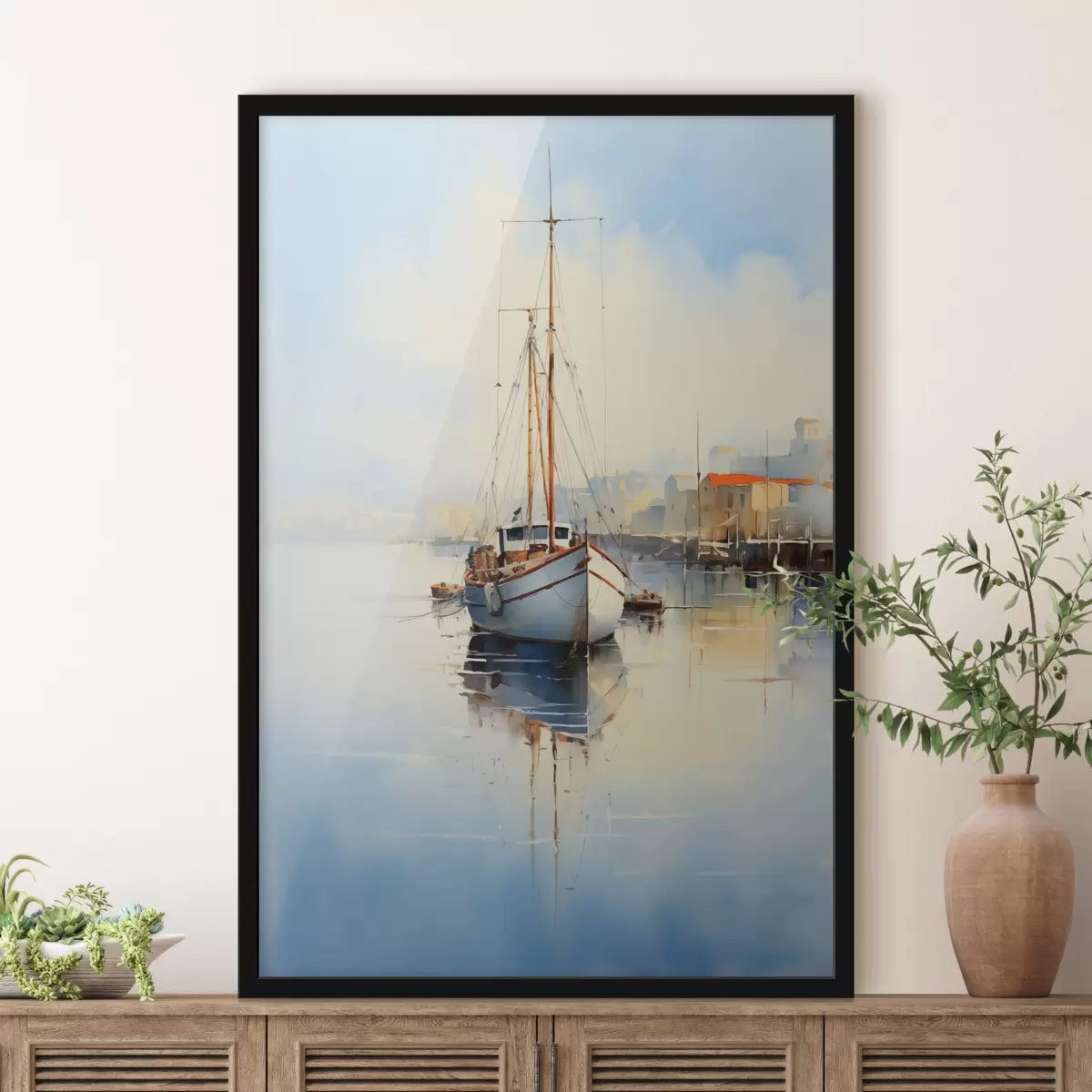 Poster Fischerboot am Pier auf dem Meer nass Aquarell f40688