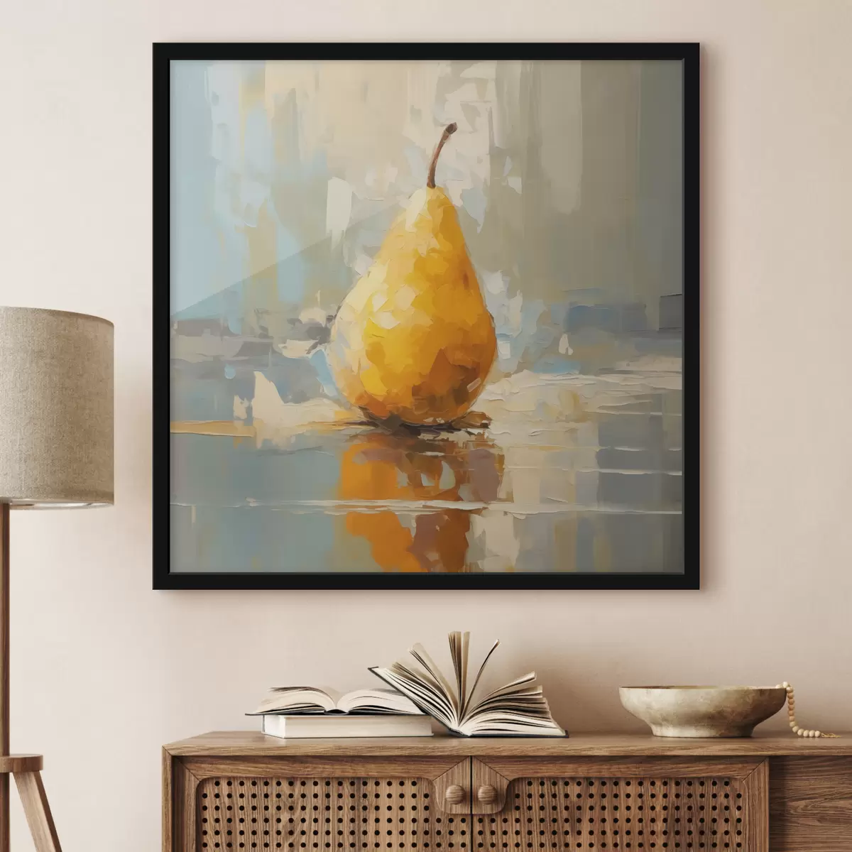 Poster Birne auf pastellfarbenem Hintergrund, gelb, orange, grau f40690