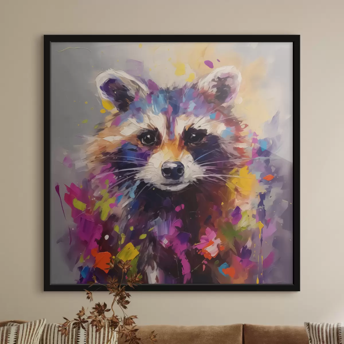 Poster Abstraktes Porträt eines Waschbären in hellen Farben f40691