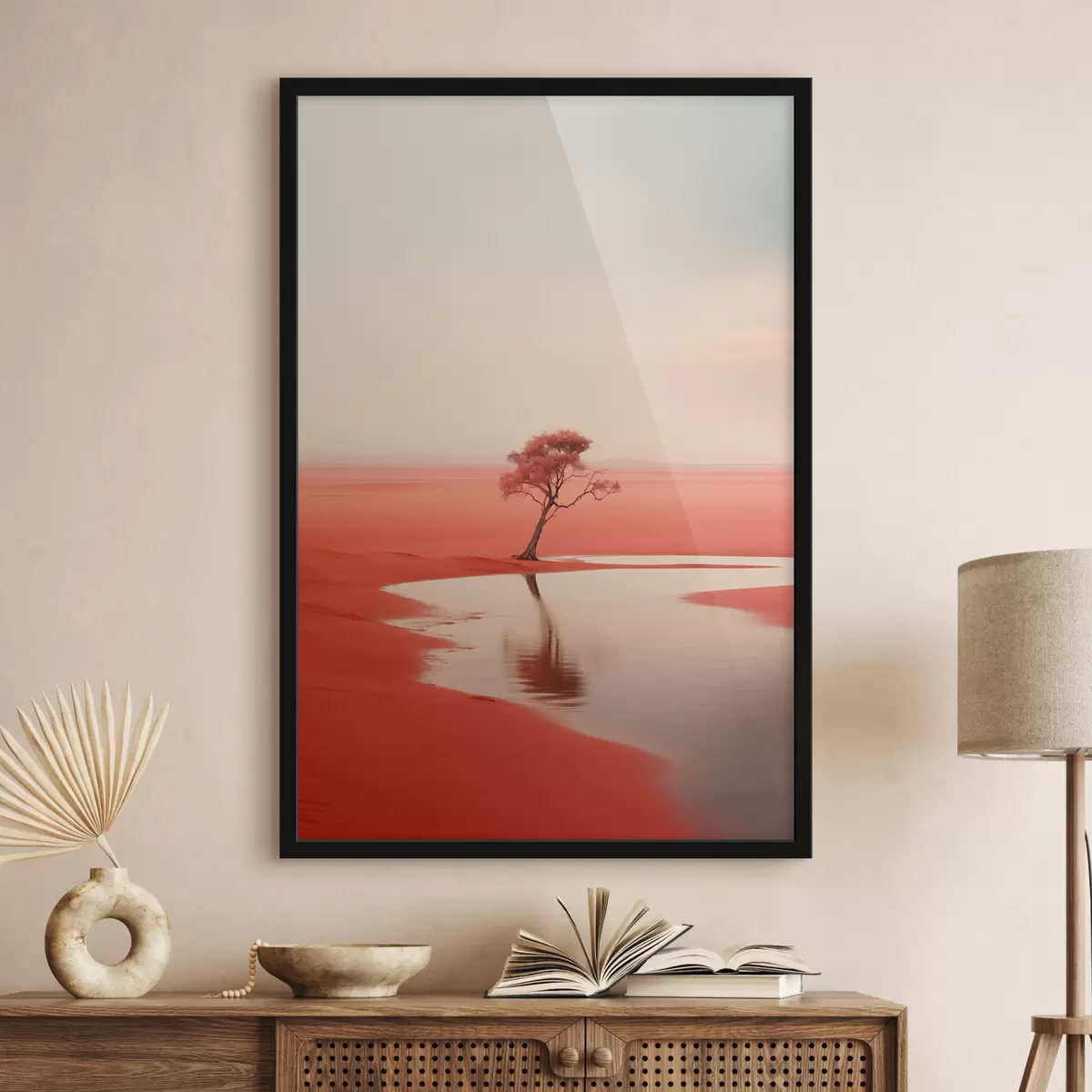 Poster Minimalistische Landschaft Baum durch den Fluss, rot, grau Farbe f40722