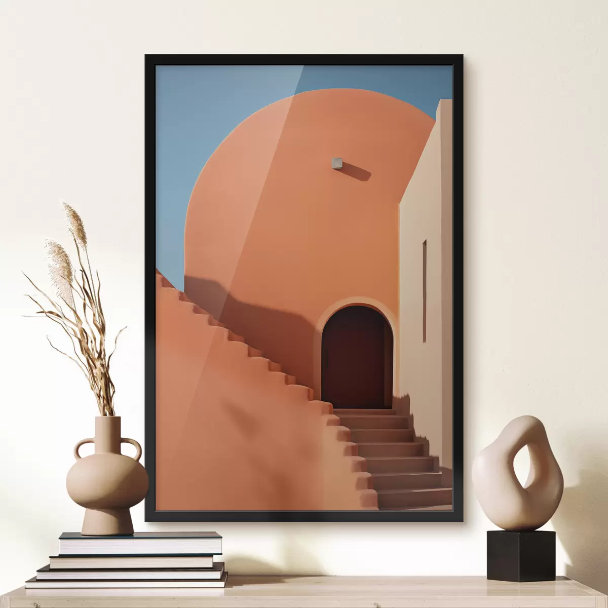 Poster Minimalistische architektonische Gebäude mit Stufen, blau, orange Farbe f40724