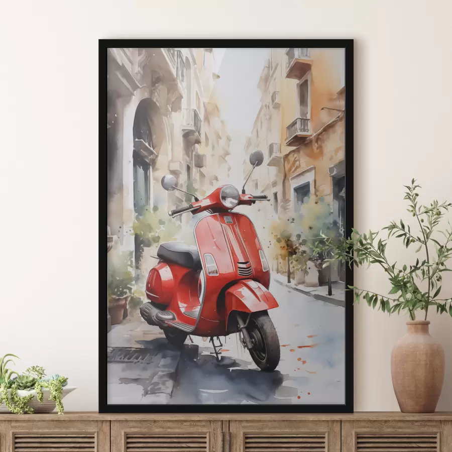 Fototapete Rotes Motorrad auf der Straße von Rom Aquarell f40728