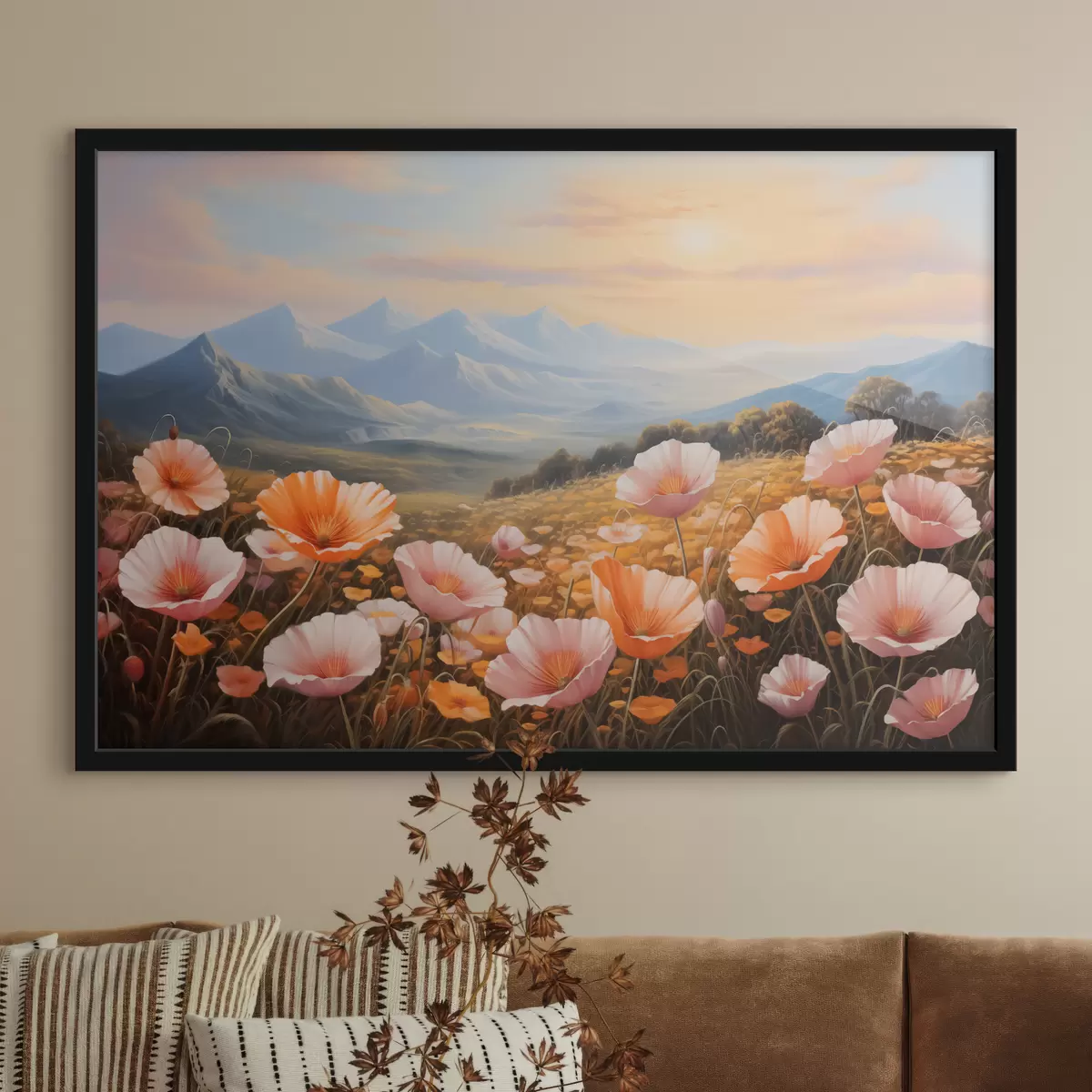 Poster Mohnfeld in der Morgendämmerung mit Bergen im Hintergrund f40730