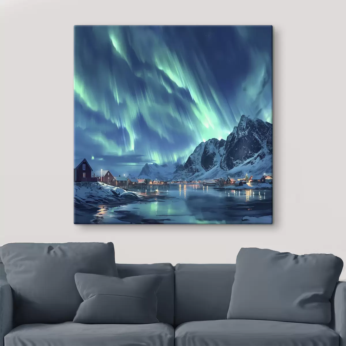 Wandbilder Norwegen Winterdorf, Nordlichter, Nachthimmel s40300