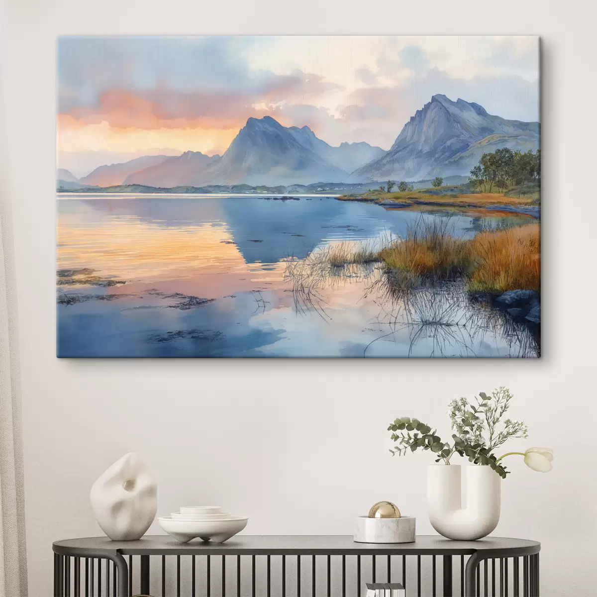 Wandbilder Ruhiger Fluss mit Bergen, Sonnenaufgang, sanfte Farben s40307