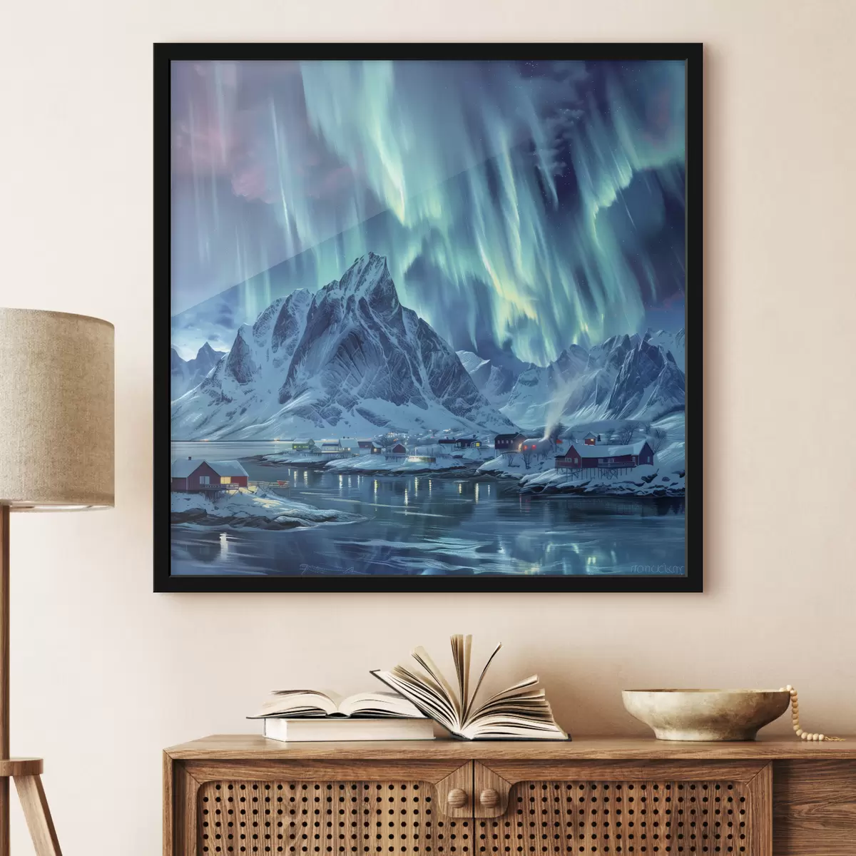 Poster Magische Nordlichter, Winterdorf in Norwegen f40301