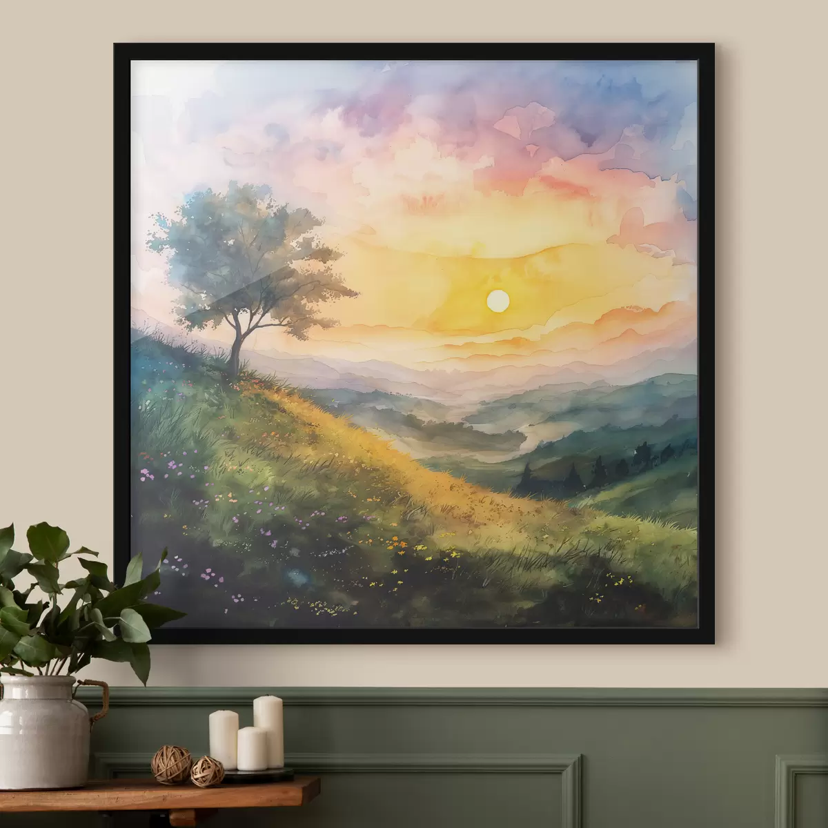 Poster Wiese mit Hügeln und Baum, Blumen, Aquarell f40303