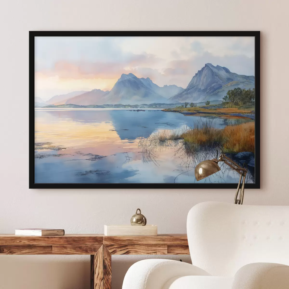 Poster Ruhiger Fluss mit Bergen, Sonnenaufgang, sanfte Farben f40307