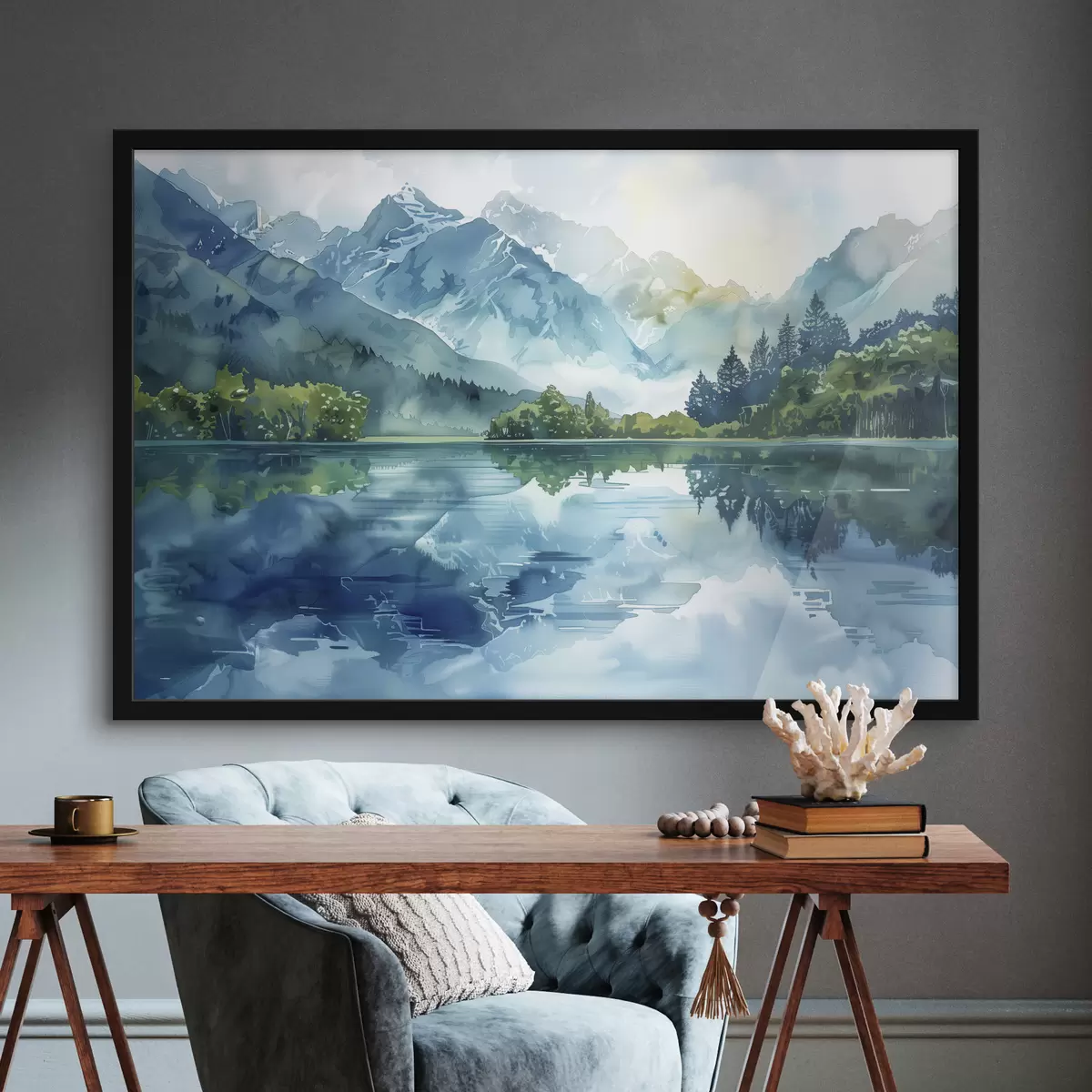 Poster Aquarell Berge Landschaft, Fluss, grüne und blaue Farben f40310