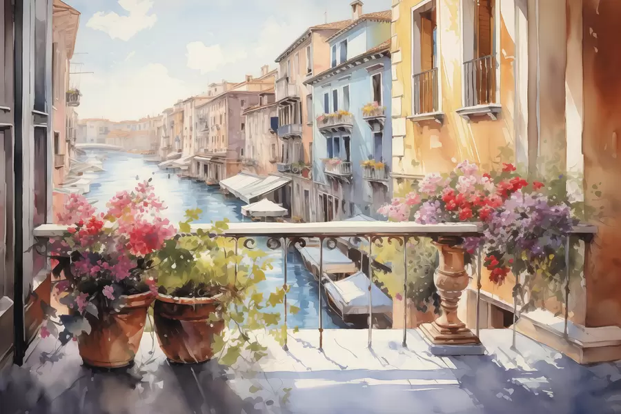 Fototapete Blumen in Töpfen auf einem Balkon in Venedig Aquarell w01052