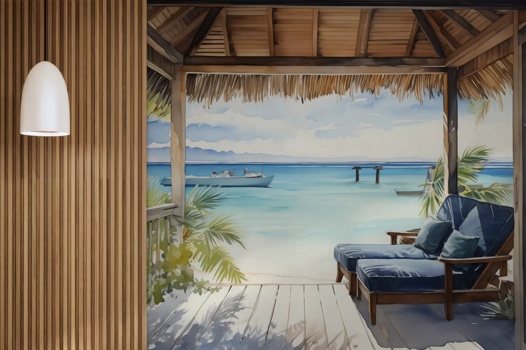 Fototapete Blaue Liegestühle auf der Terrasse zum Entspannen am Meer Aquarell w01056