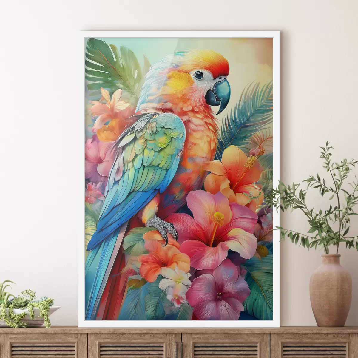 Poster heller Papagei in Blumen f40711