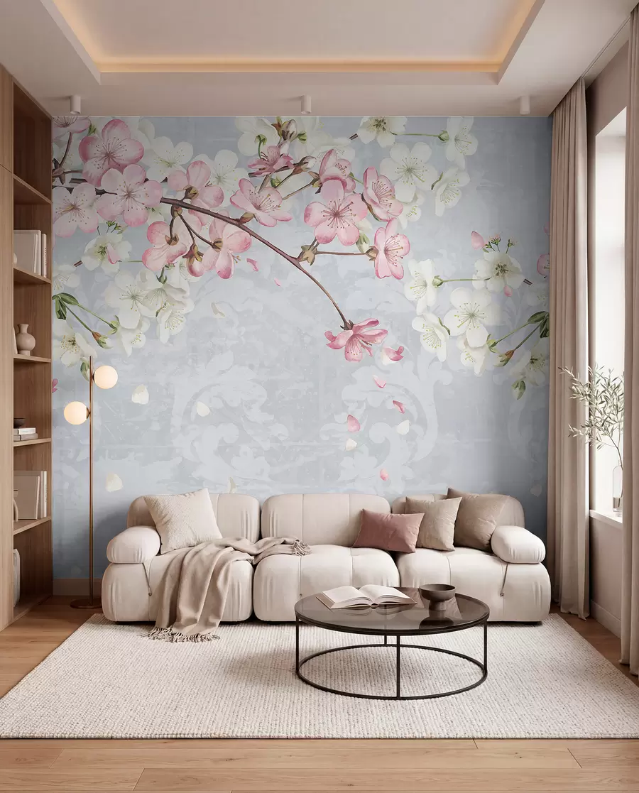 Fototapete Rosa und weiße Kirschblüten in voller Blüte, mit weichen Blütenblättern, die auf einen strukturierten blauen Hintergrund fallen w08254