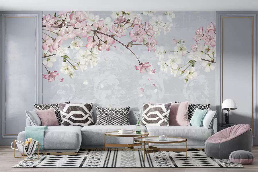 Fototapete Rosa und weiße Kirschblüten in voller Blüte, mit weichen Blütenblättern, die auf einen strukturierten blauen Hintergrund fallen w08254