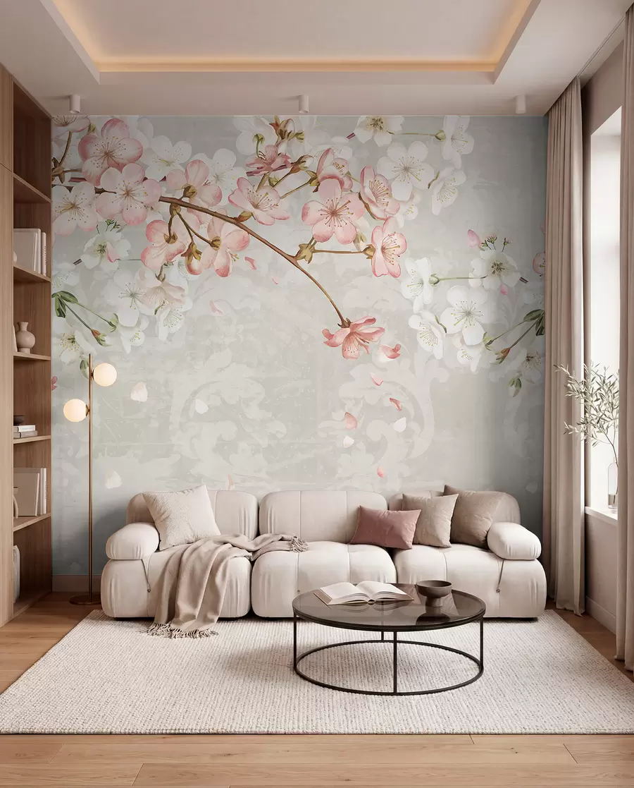 Fototapete Rosa und weiße Kirschblüten in voller Blüte, mit weichen Blütenblättern, die auf einen strukturierten beigen Hintergrund fallen w08254v1