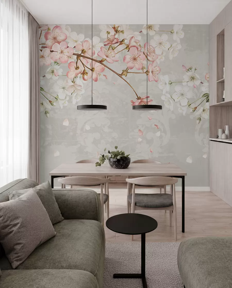 Fototapete Rosa und weiße Kirschblüten in voller Blüte, mit weichen Blütenblättern, die auf einen strukturierten beigen Hintergrund fallen w08254v1
