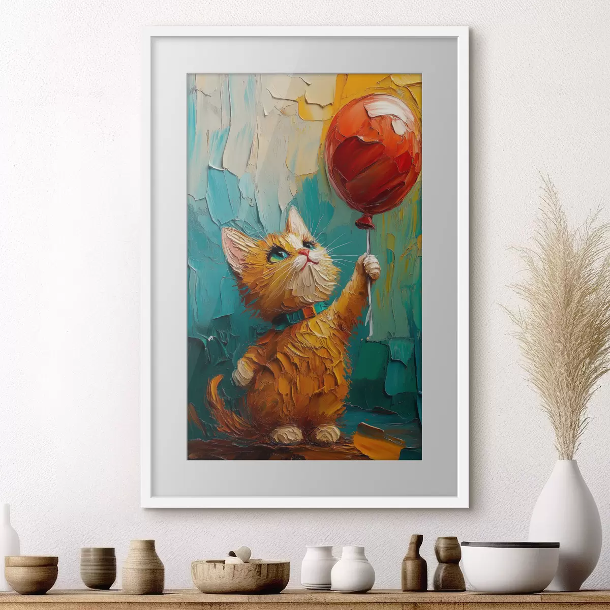 Poster Rote Katze hält einen Luftballon in den Händen, Nachahmung eines Ölgemäldes f40649