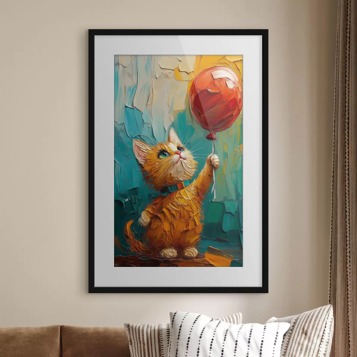 Poster Rote Katze hält einen Luftballon in den Händen, Nachahmung eines Ölgemäldes f40649
