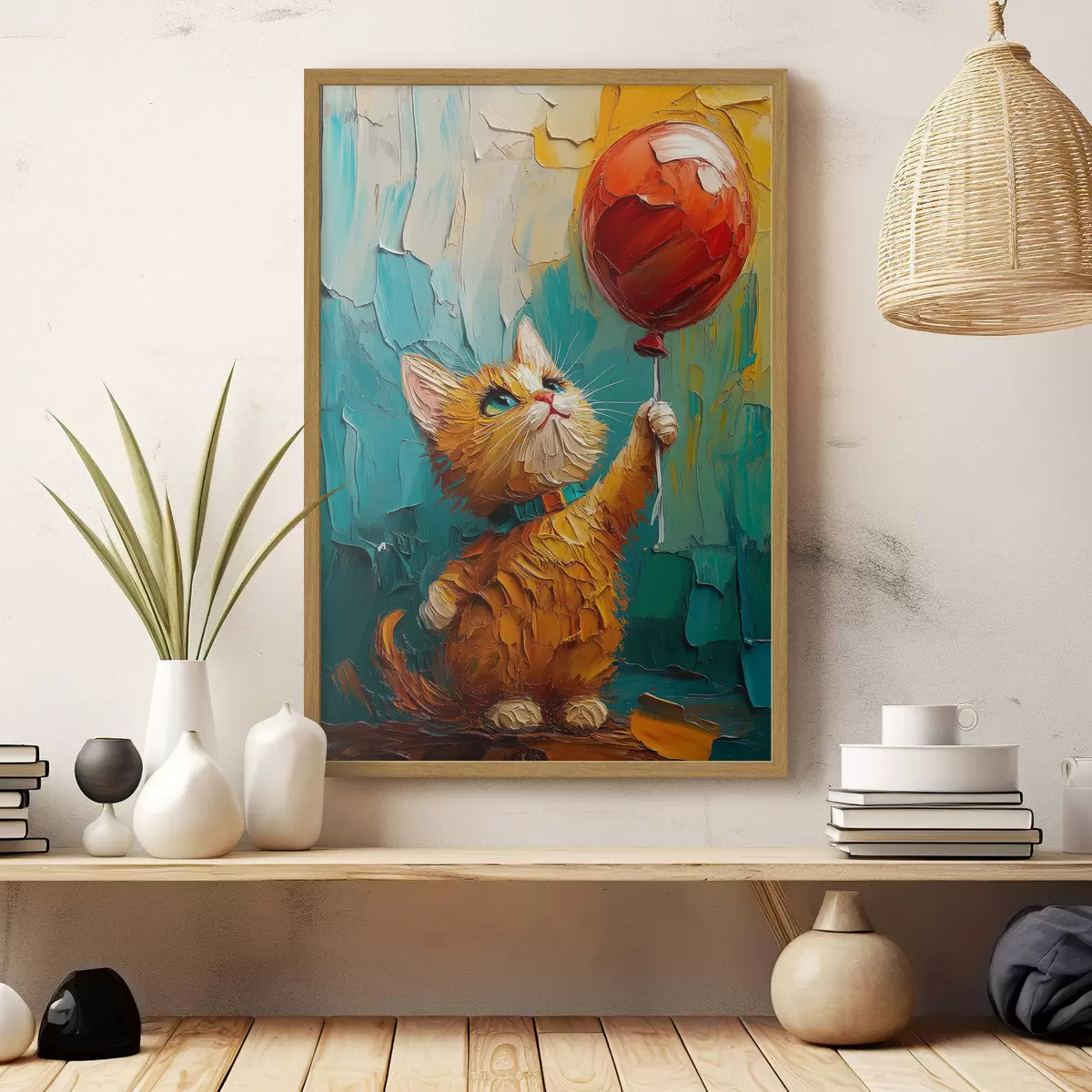 Poster Rote Katze hält einen Luftballon in den Händen, Nachahmung eines Ölgemäldes f40649