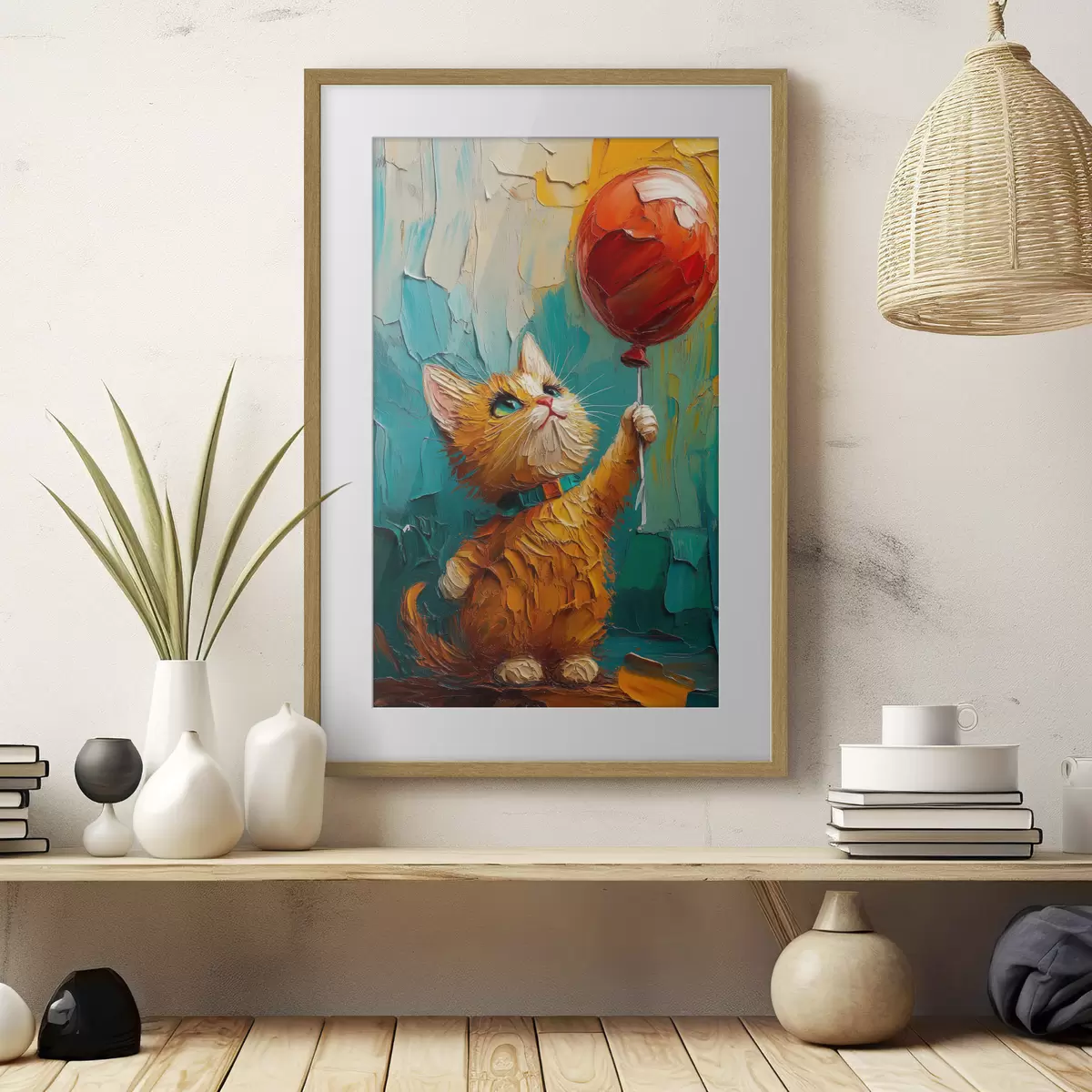 Poster Rote Katze hält einen Luftballon in den Händen, Nachahmung eines Ölgemäldes f40649