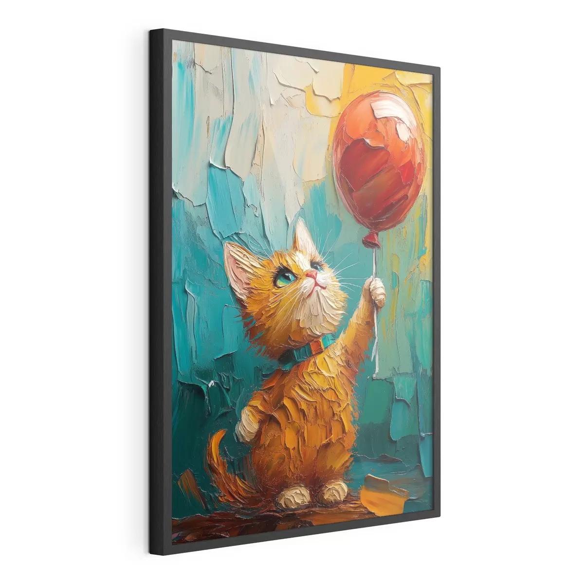 Poster Rote Katze hält einen Luftballon in den Händen, Nachahmung eines Ölgemäldes f40649