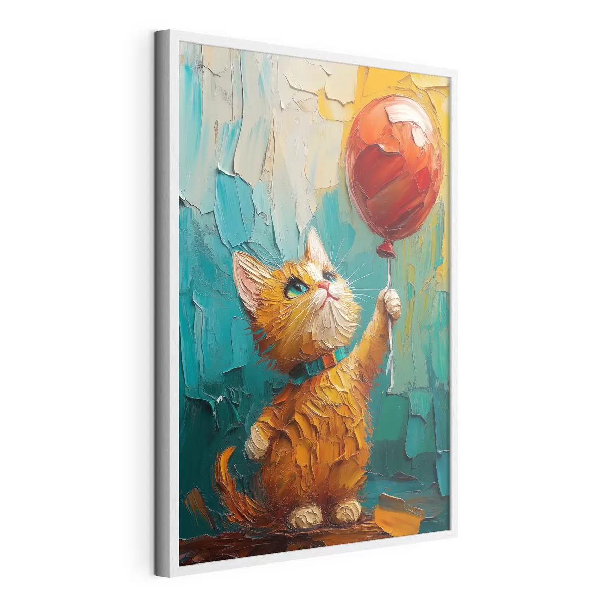 Poster Rote Katze hält einen Luftballon in den Händen, Nachahmung eines Ölgemäldes f40649