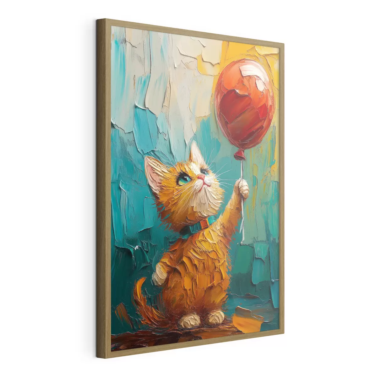 Poster Rote Katze hält einen Luftballon in den Händen, Nachahmung eines Ölgemäldes f40649