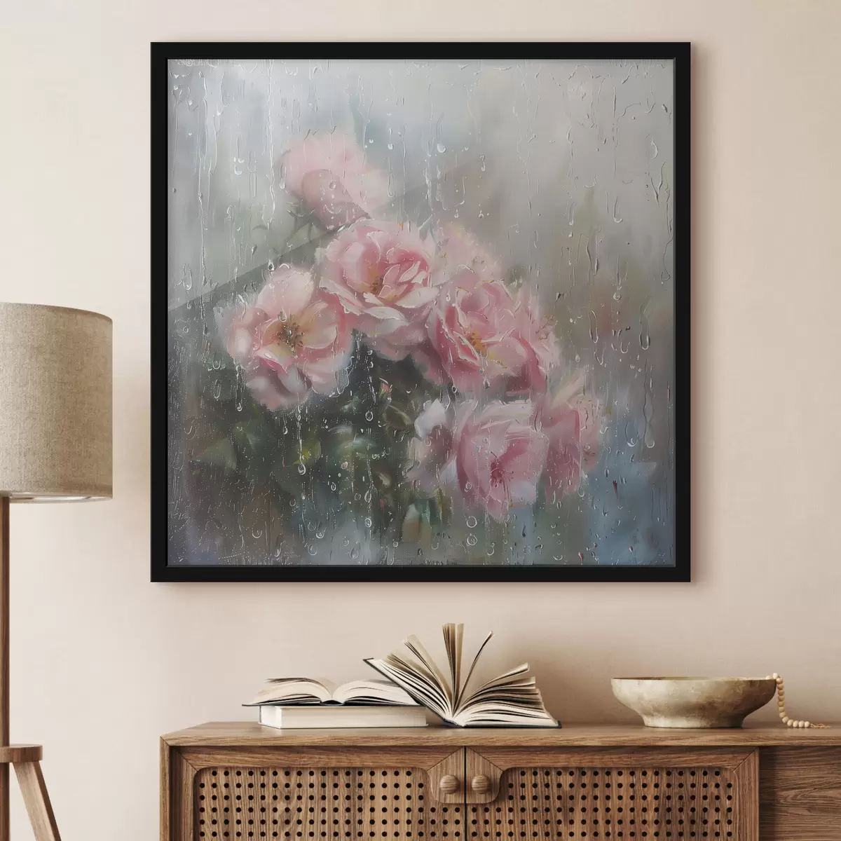 Poster Ein Strauß rosa Rosen vor dem Fenster bei regnerischem Wetter f40656