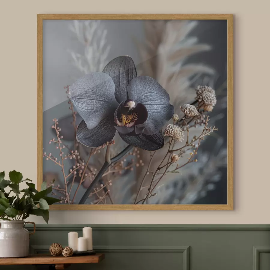 Fototapete Elegantes Blumenarrangement aus schwarzen Orchideen und anderen Trockenblumen f40661