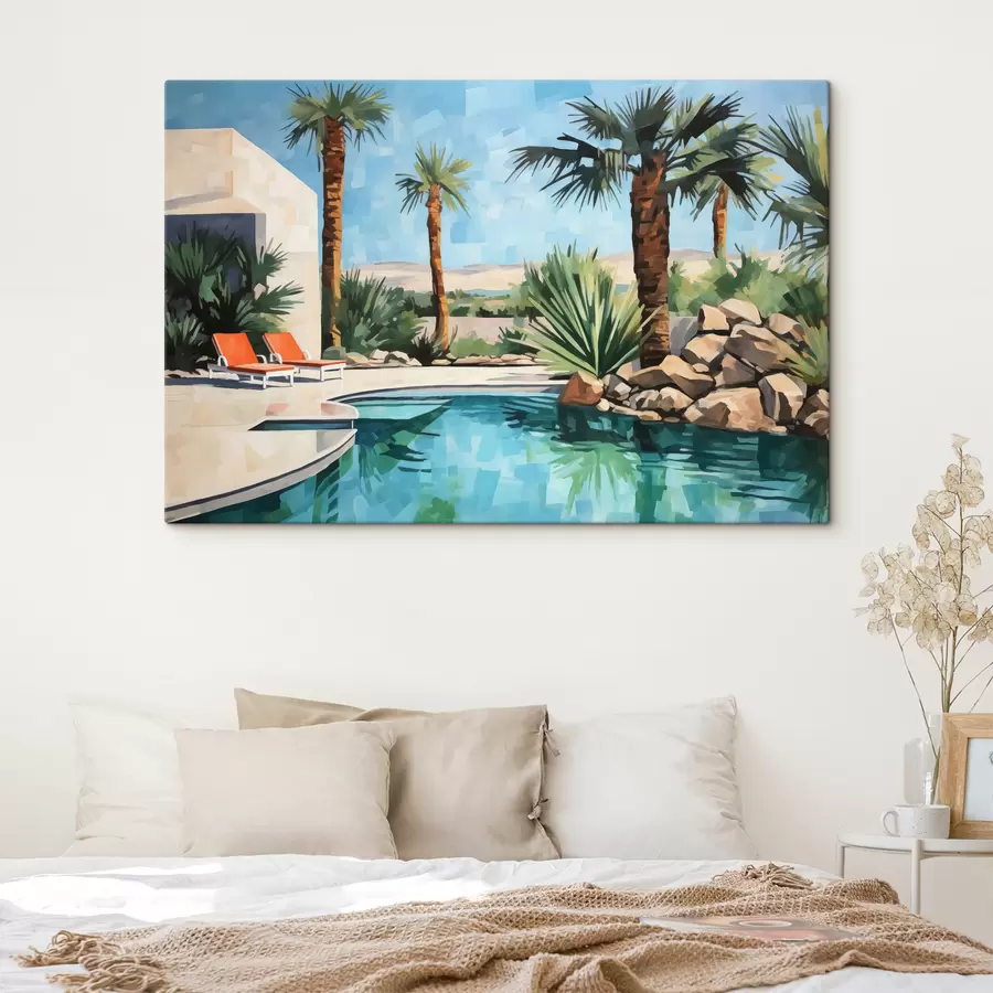 Wandbilder Palmen in der Nähe des Hotels mit einem Schwimmbad in der Nähe der Felsen, blau, grün, rot Farbe s40748