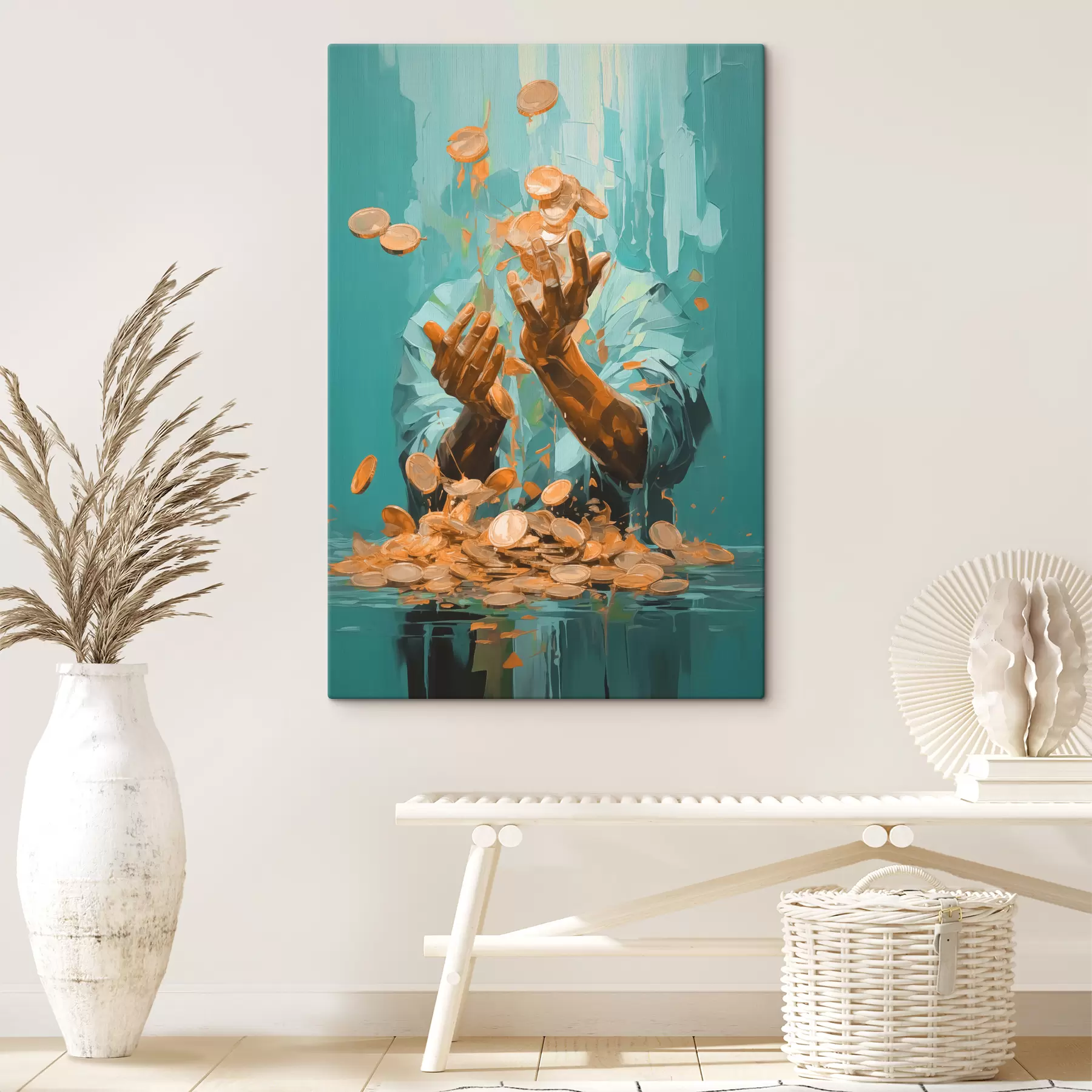 Wandbilder Abstraktes Gemälde eines von münzen umgebenen Mannes s40755