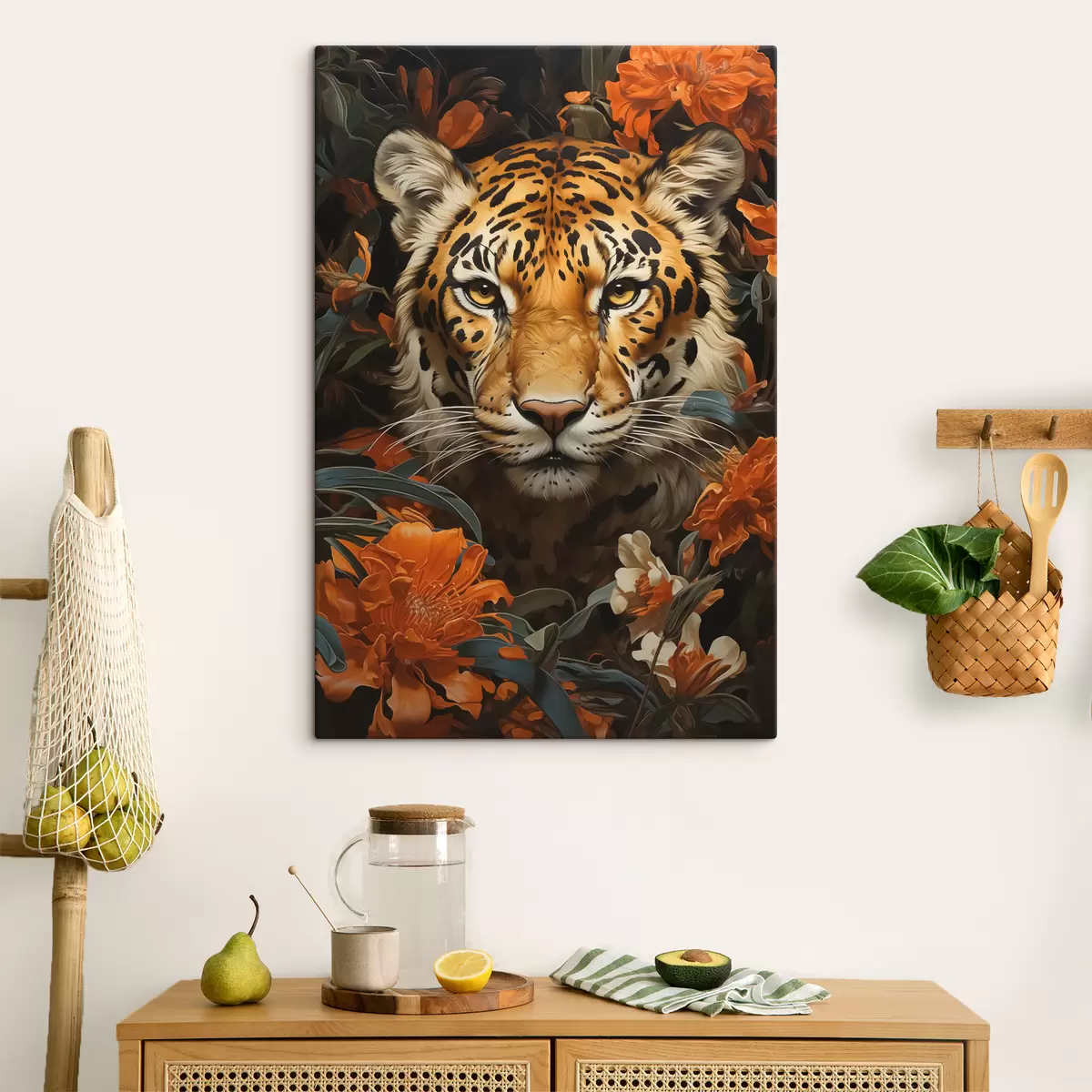 Wandbilder Porträt eines Tigers, umgeben von tropischen Blumen s40757