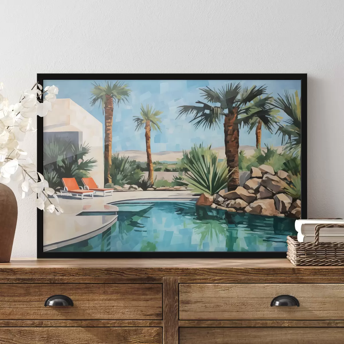 Poster Palmen in der Nähe des Hotels mit einem Schwimmbad in der Nähe der Felsen, blau, grün, rot Farbe f40748