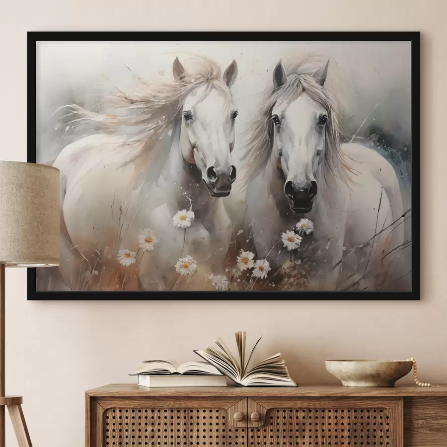Wandbilder Ein Paar weißer und grauer Pferde in der Nähe von Gänseblümchen f40749
