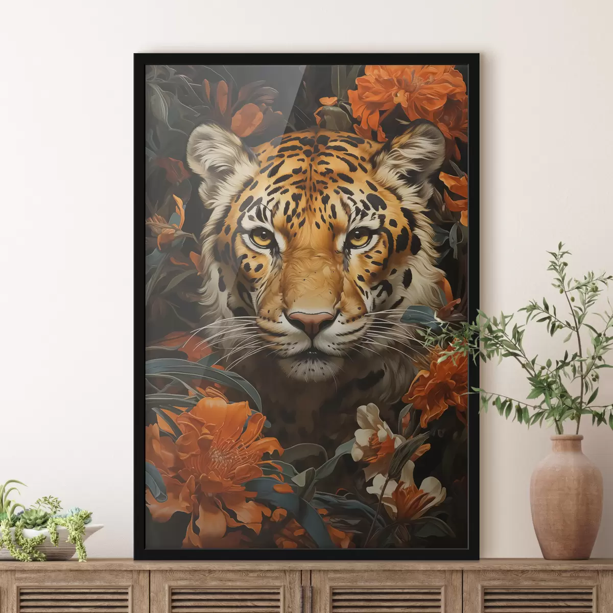Poster Porträt eines Tigers, umgeben von tropischen Blumen f40757
