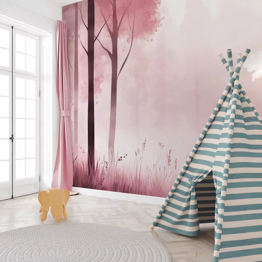 Fototapete Aquarell Wald, Nebel, Bäume, Gras, natürliche Landschaft, rosa Farbe w01563v1