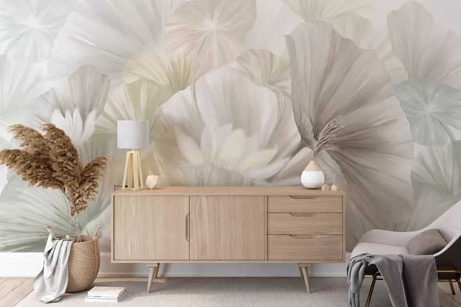Fototapete Zarte grüne Lotusblätter mit weißen Blüten mit weichen, federleichten Blütenblättern in einer natürlichen Kunstkomposition angeordnet w08265