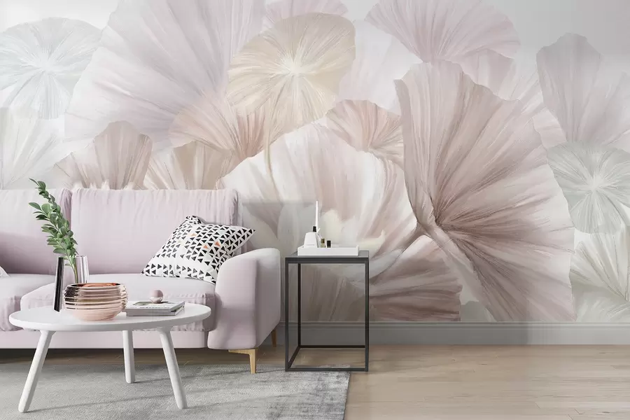 Fototapete Zarte rosa Lotusblätter mit weißen Blüten mit weichen, federleichten Blütenblättern in einer natürlichen Kunstkomposition angeordnet w08265v1