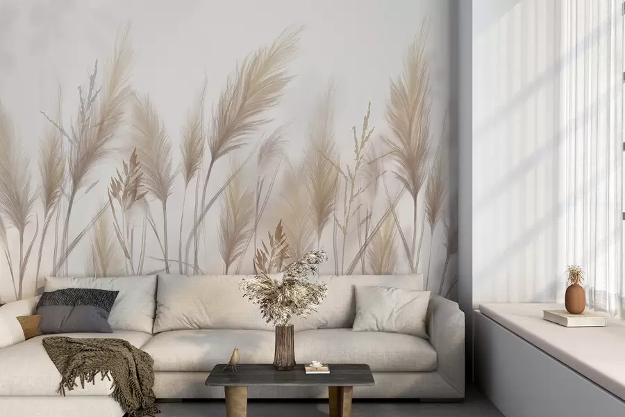 Fototapete Hohe beige Grashalme Ährchen wiegen sich im Wind vor einem weichen, hellen Hintergrund w08268