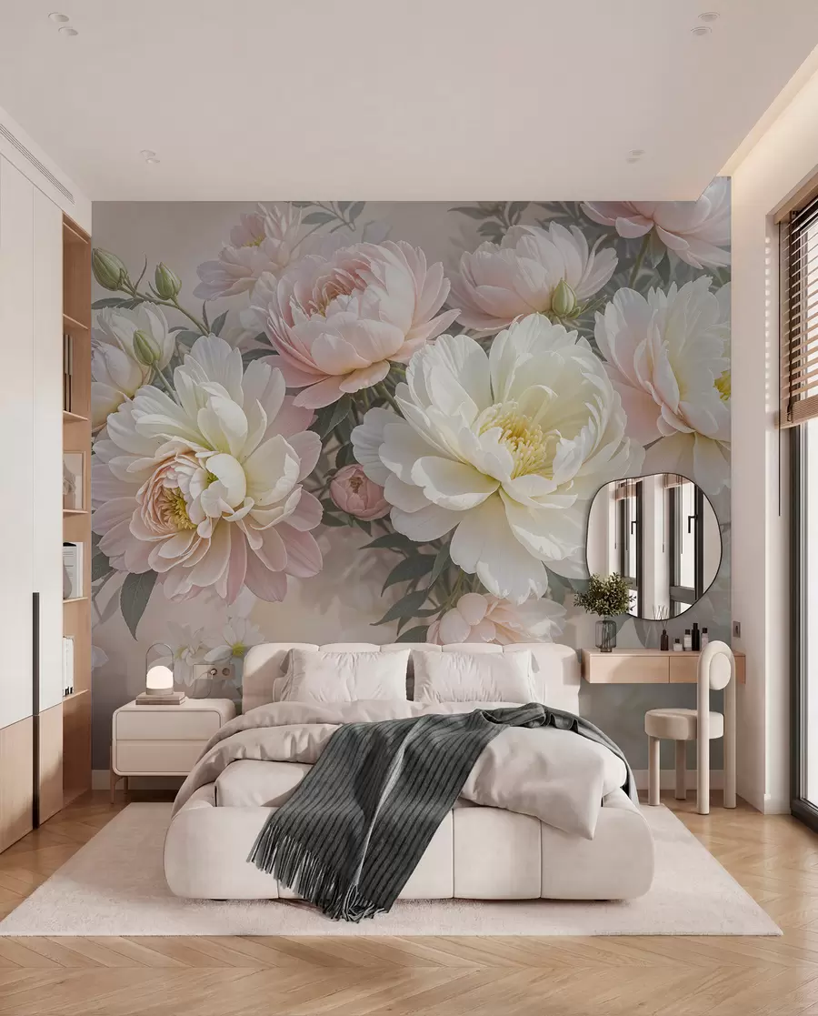 Fototapete Ein Blumenstrauß aus üppigen, pastellfarbenen Pfingstrosen und anderen Blumen vor einem weichen, unscharfen Hintergrund w08276