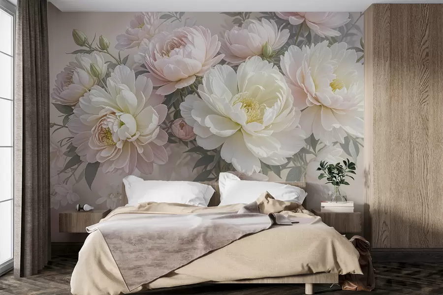 Fototapete Ein Blumenstrauß aus üppigen, pastellfarbenen Pfingstrosen und anderen Blumen vor einem weichen, unscharfen Hintergrund w08276