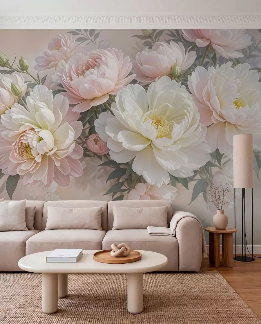 Fototapete Ein Blumenstrauß aus üppigen, pastellfarbenen Pfingstrosen und anderen Blumen vor einem weichen, unscharfen Hintergrund w08276
