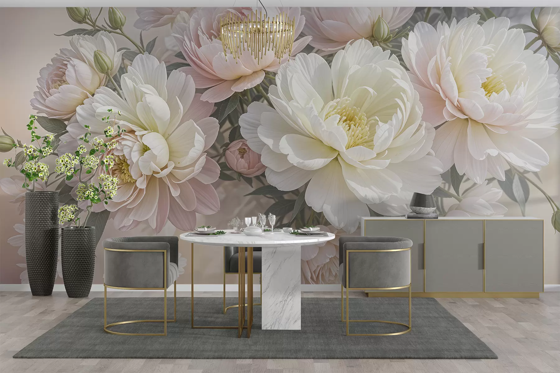 Fototapete Ein Blumenstrauß aus üppigen, pastellfarbenen Pfingstrosen und anderen Blumen vor einem weichen, unscharfen Hintergrund w08276