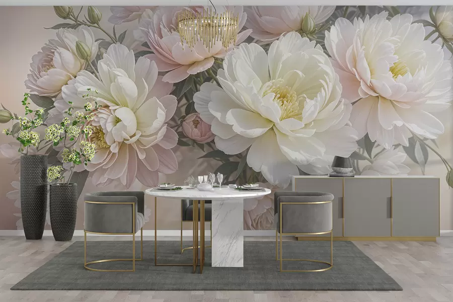 Fototapete Ein Blumenstrauß aus üppigen, pastellfarbenen Pfingstrosen und anderen Blumen vor einem weichen, unscharfen Hintergrund w08276