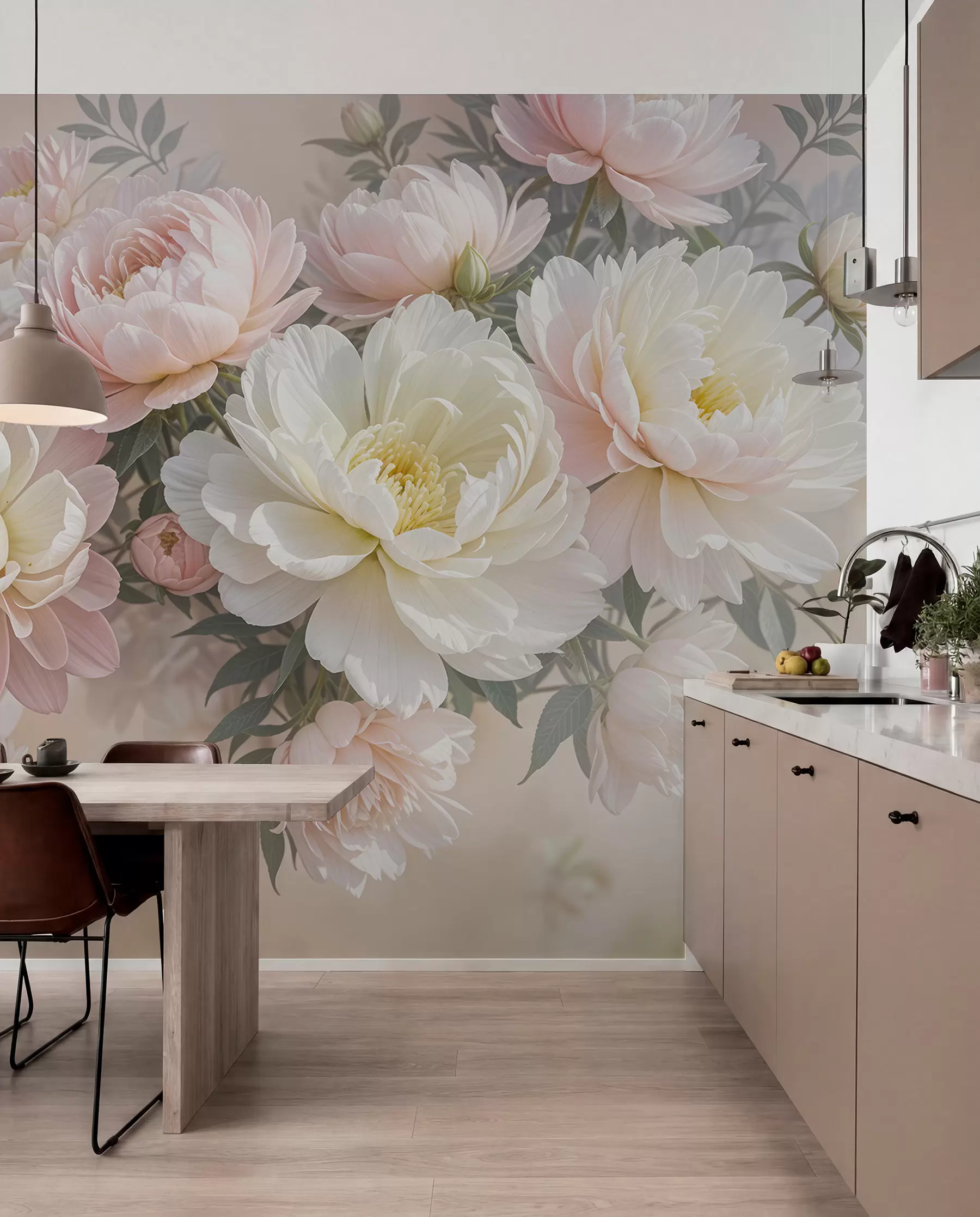 Fototapete Ein Blumenstrauß aus üppigen, pastellfarbenen Pfingstrosen und anderen Blumen vor einem weichen, unscharfen Hintergrund w08276