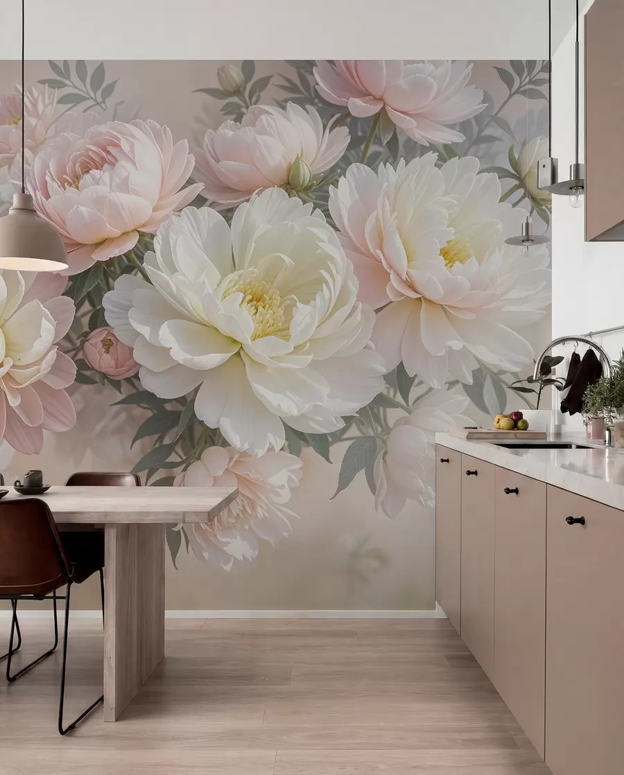 Fototapete Ein Blumenstrauß aus üppigen, pastellfarbenen Pfingstrosen und anderen Blumen vor einem weichen, unscharfen Hintergrund w08276
