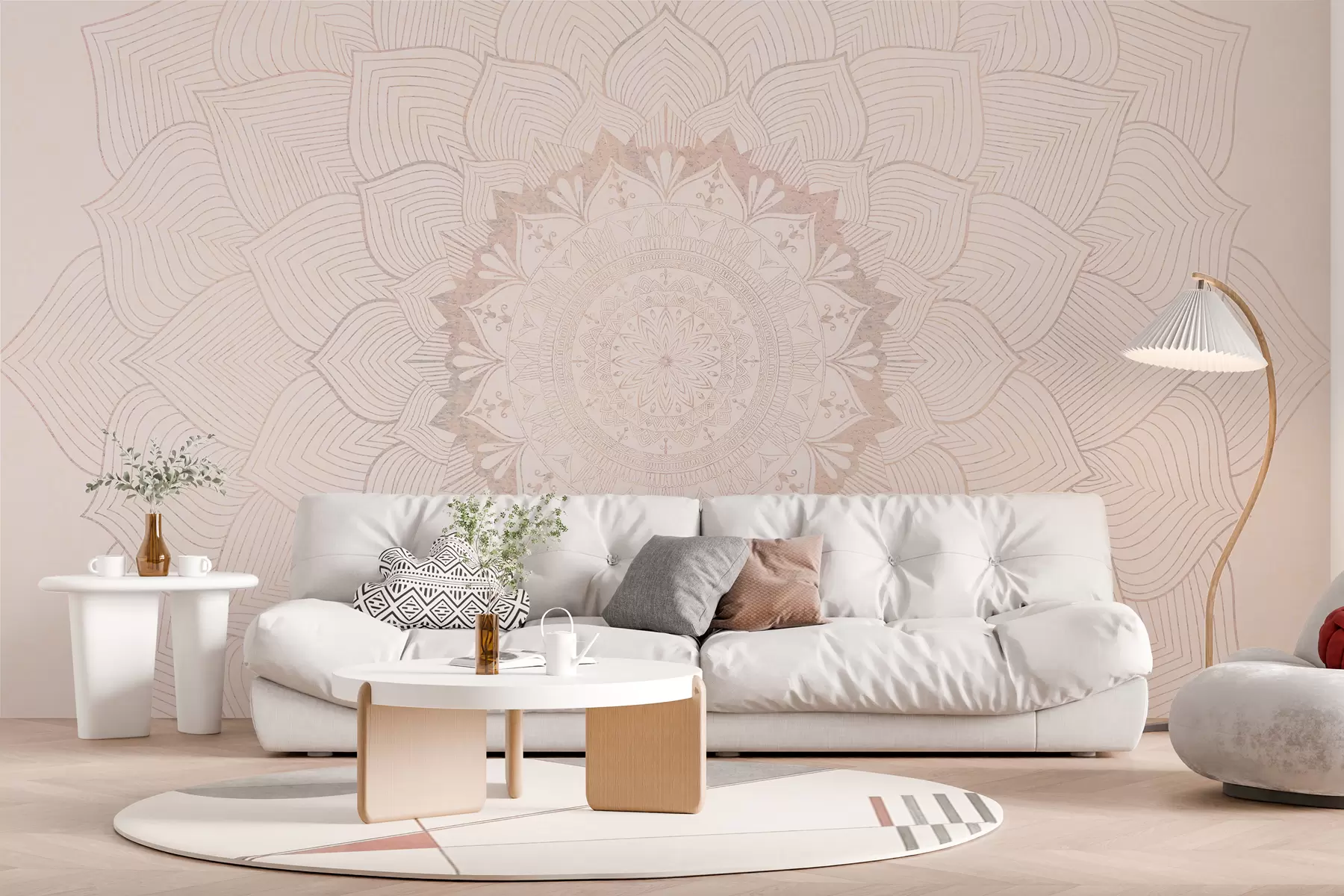 Fototapete Rundes Mandala, Tapete für den Yogaraum oder zur Harmonisierung des persönlichen Raums. Wandmandala in warmen Pastellfarben auf einem strukturierten unregelmäßigen Hintergrund w01088
