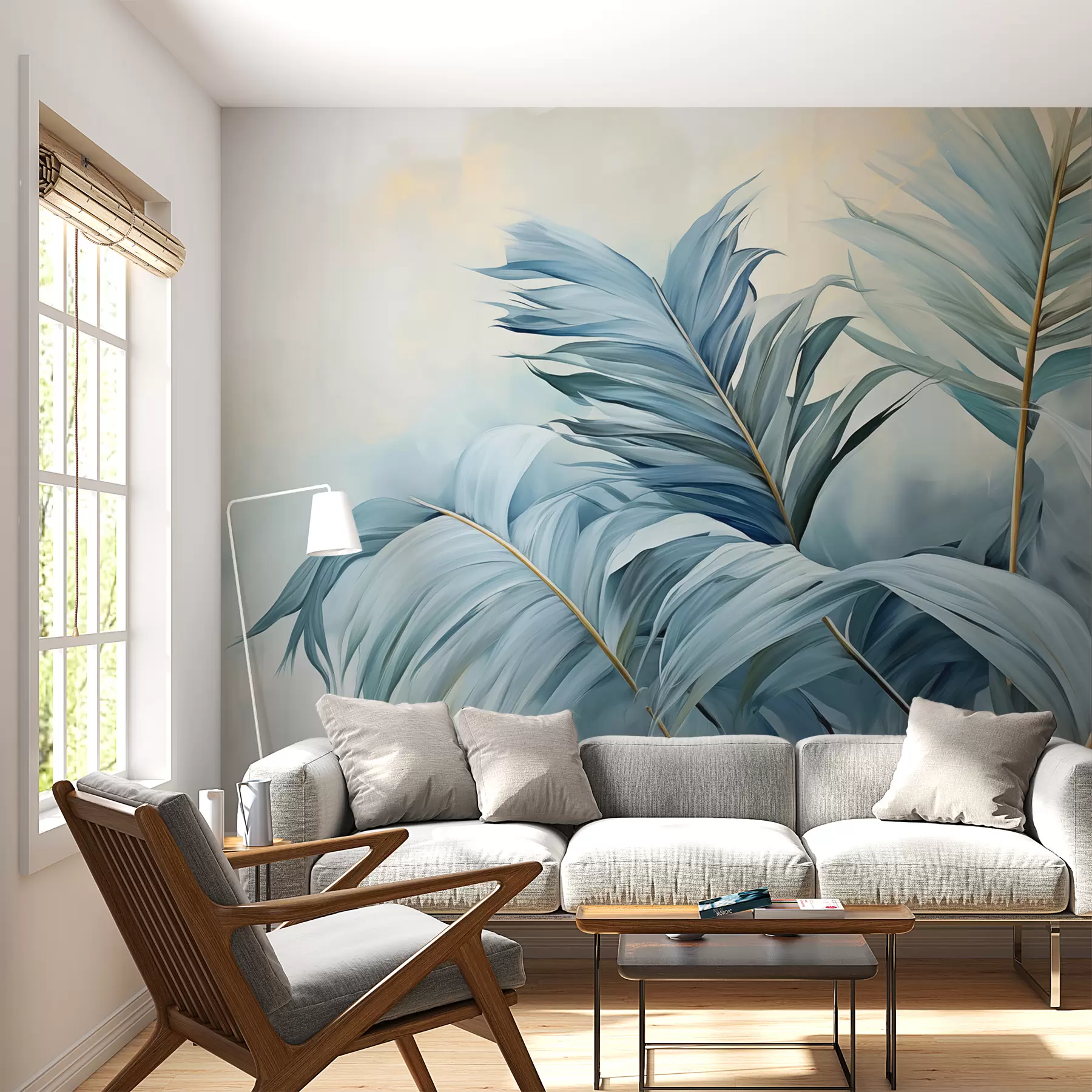 Fototapete Blaue Palmenblätter gegen Nebel w01618