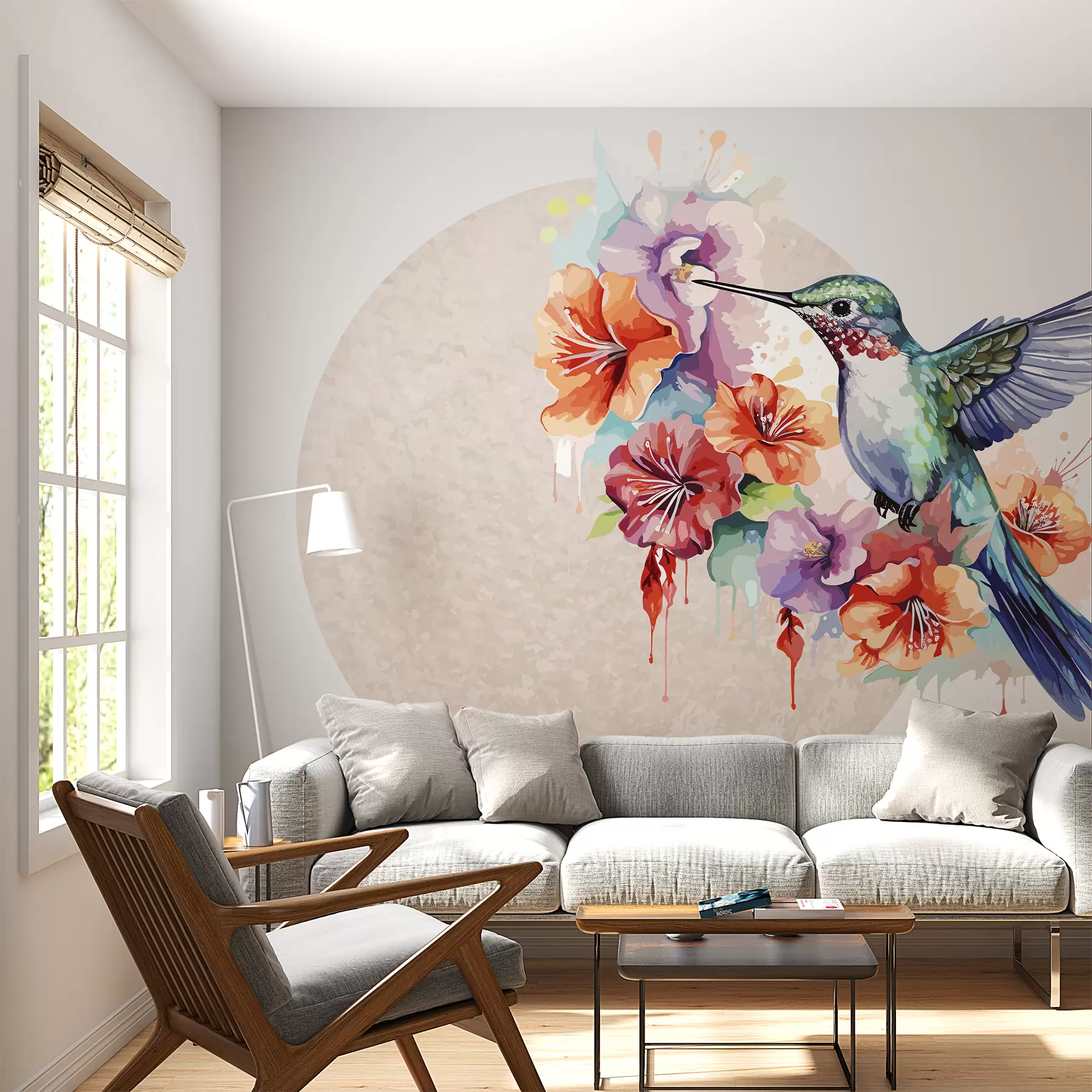 Fototapete Kolibri, Blumen, Kreis, beige w01528